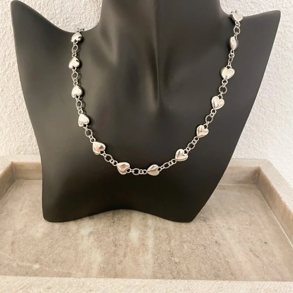 925 Sterling Silver Chunky Heart Necklace Heart Link Necklace Choker Necklace - Picture 5 of 5